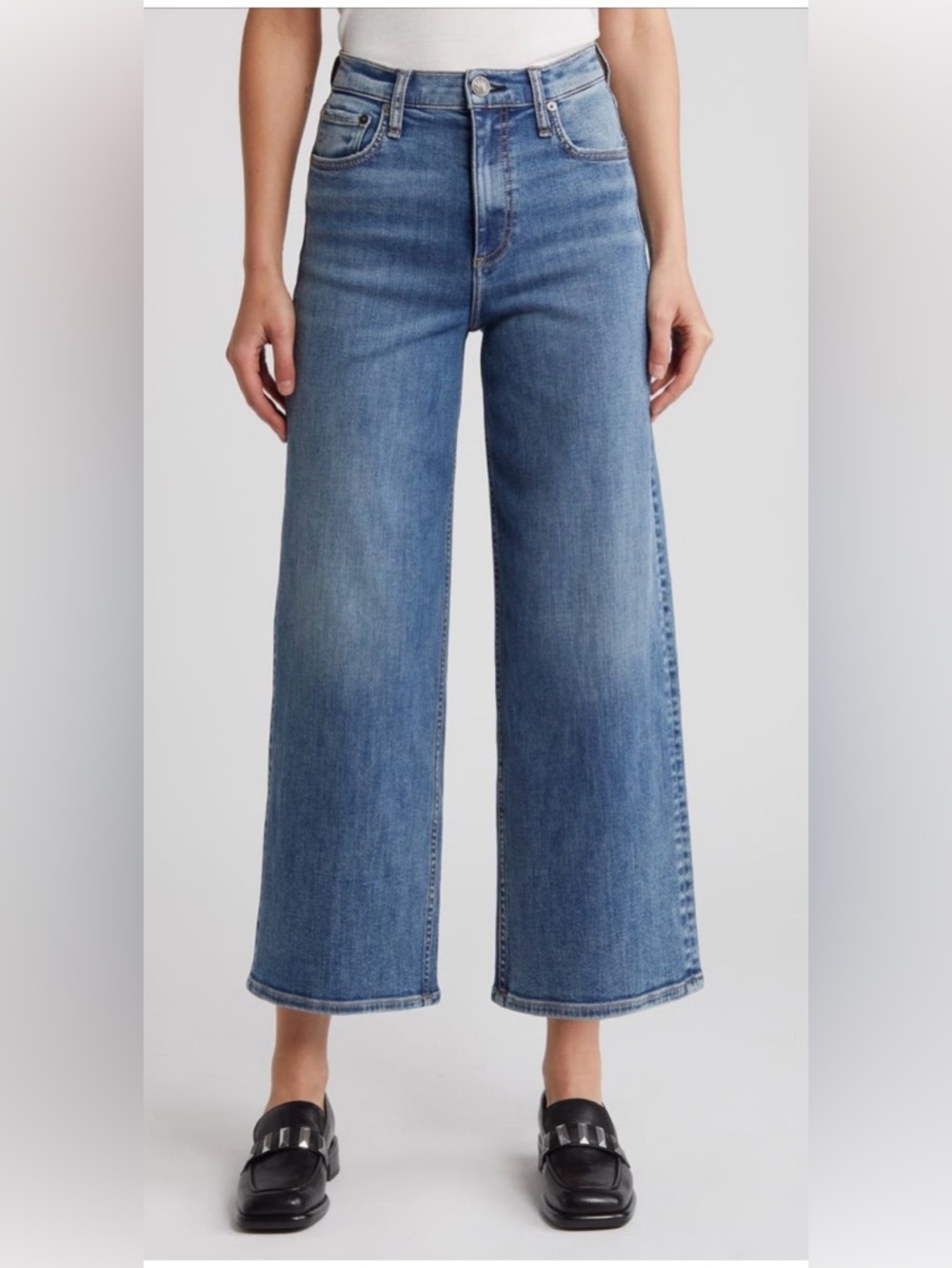 Rag & Bone Andi Ankle High-Rise Wide Leg Jeans in Medium Blue Stretchy Soft 30
